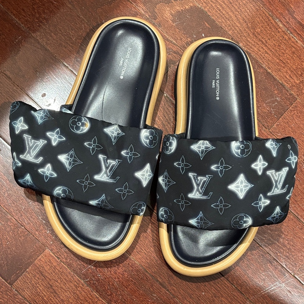 Louis Vuitton Black and Blue Monogram Slides
